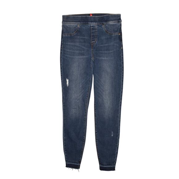 SPANX $128 Distressed Stretch Denim Skinny Jeans Jeggings Released Hem Medium - Picture 1 of 3